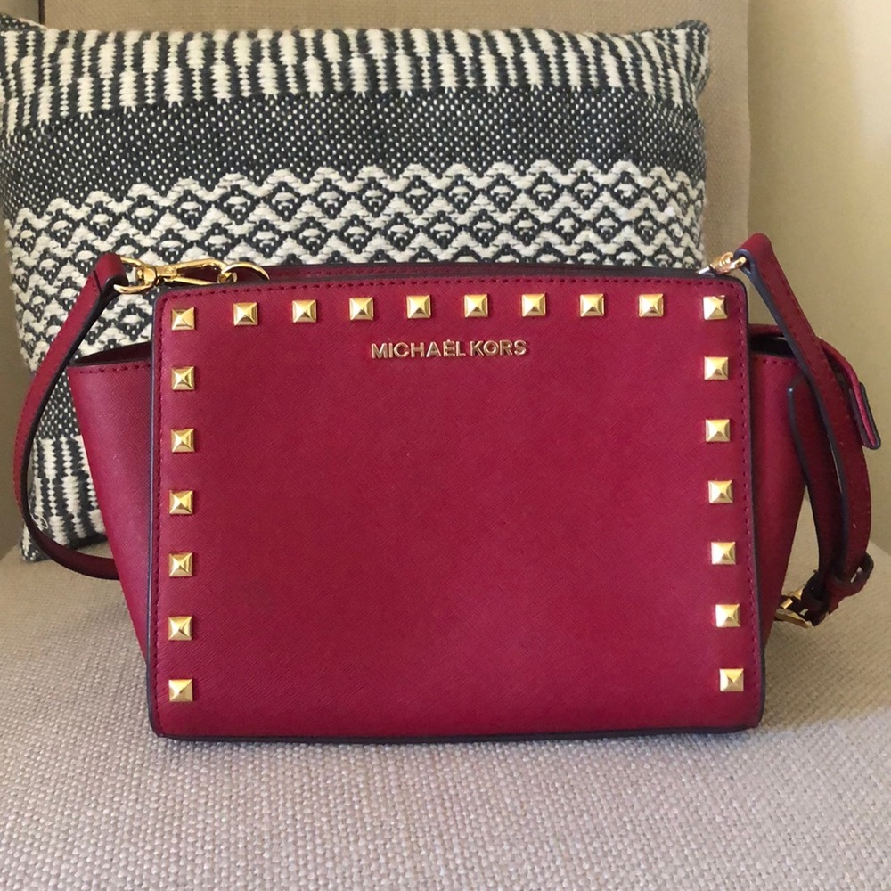 Michael Kors Cherry Red Selma Studded Satchel